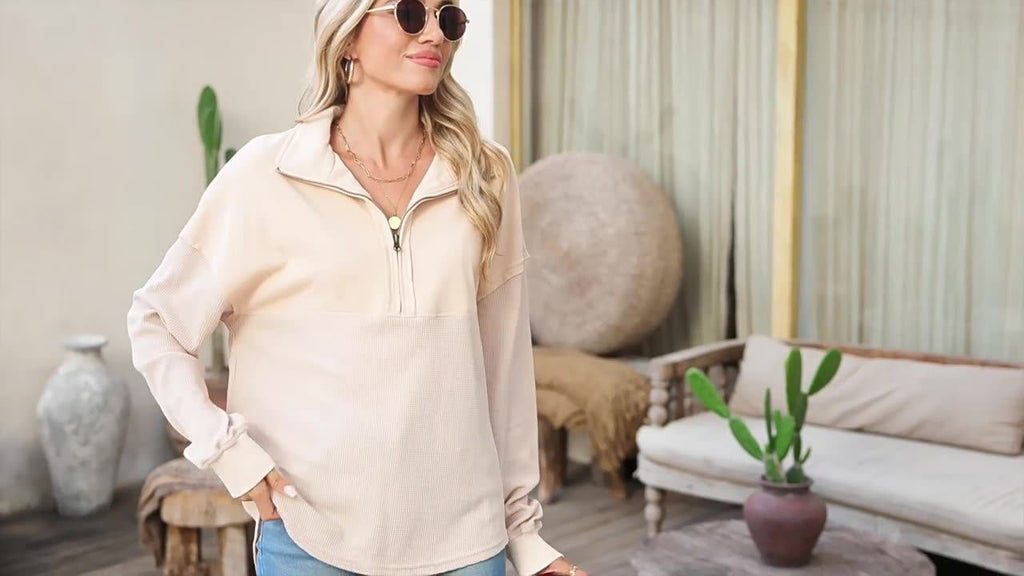 Women's loose-fitting Henley collar button-down sweatshirt