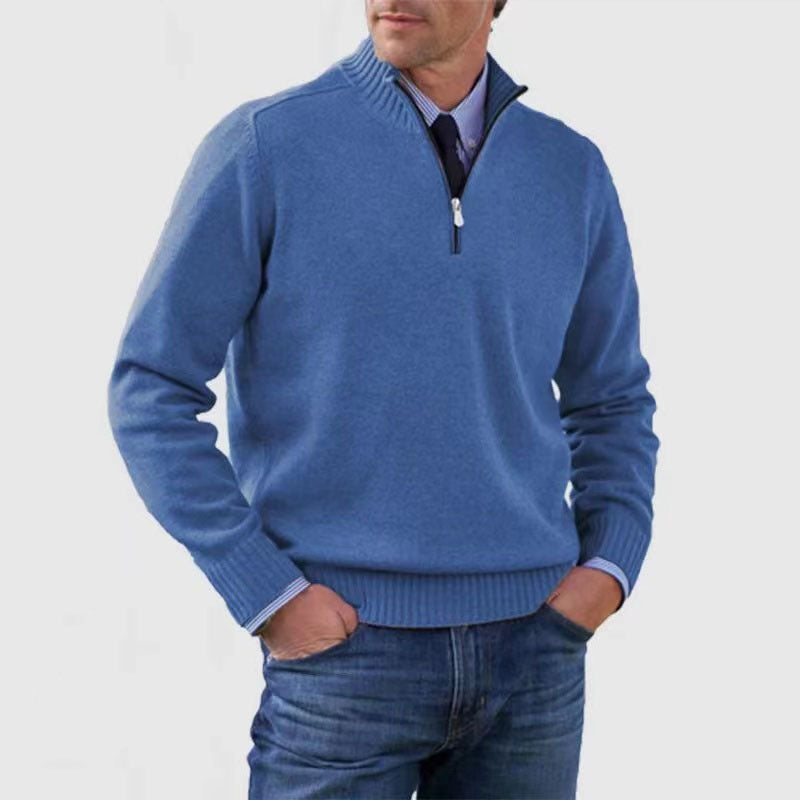 Piotr | Soft and warm men's cotton sweater with a mock turtleneck and zipper