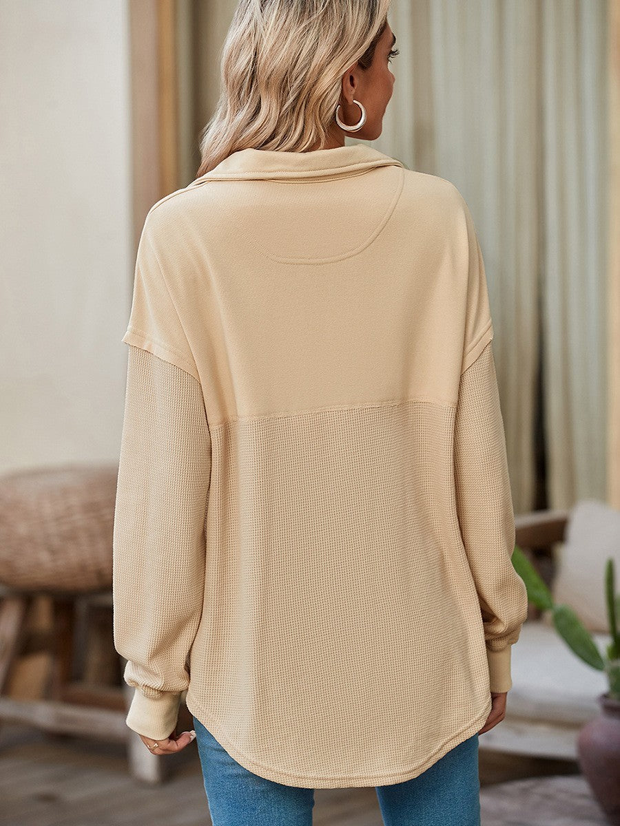 Women's loose-fitting Henley collar button-down sweatshirt