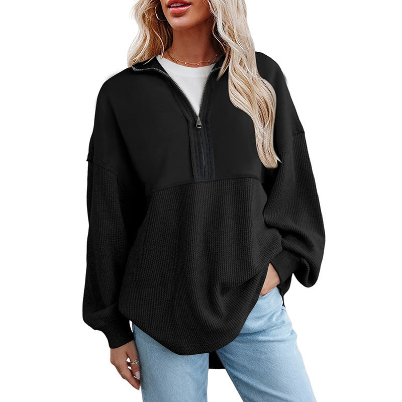 Women's loose-fitting Henley collar button-down sweatshirt
