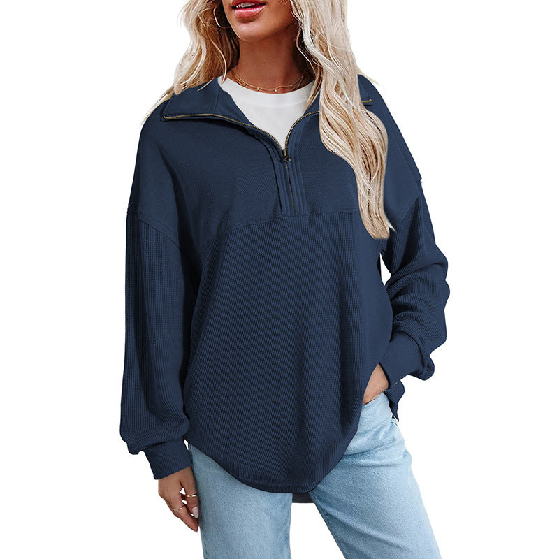 Women's loose-fitting Henley collar button-down sweatshirt