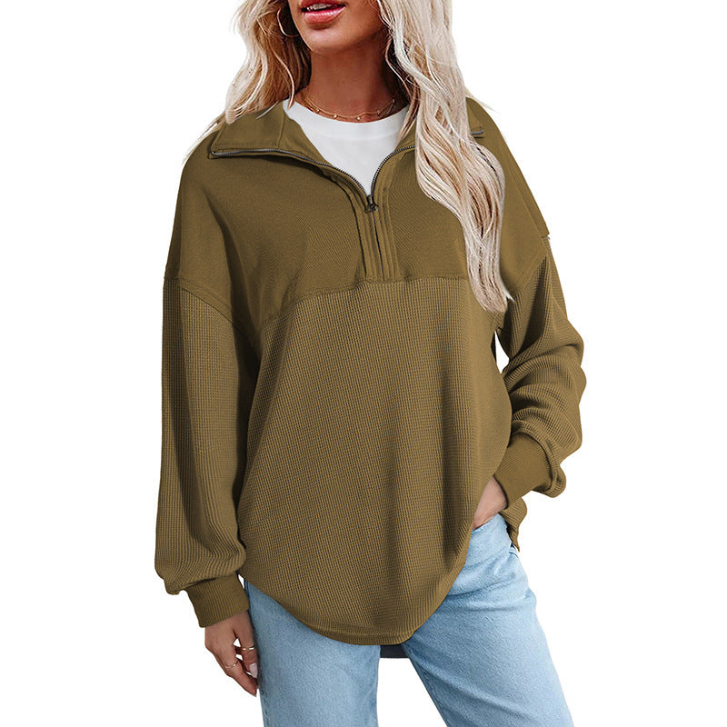 Women's loose-fitting Henley collar button-down sweatshirt