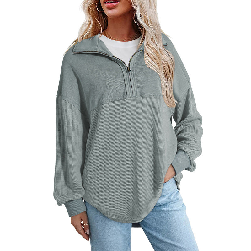 Women's loose-fitting Henley collar button-down sweatshirt