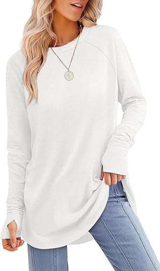 Womens Tunic Tops to Wear withLeggings Long Sleeve Thumb Hole Shirts CrewNeck Curved Hem