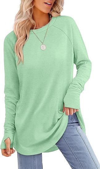 Womens Tunic Tops to Wear withLeggings Long Sleeve Thumb Hole Shirts CrewNeck Curved Hem