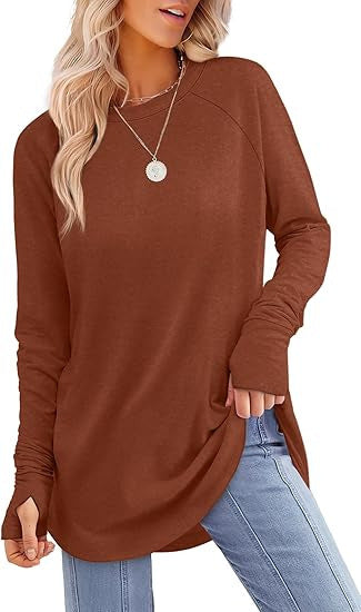 Womens Tunic Tops to Wear withLeggings Long Sleeve Thumb Hole Shirts CrewNeck Curved Hem