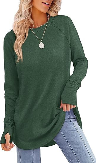 Womens Tunic Tops to Wear withLeggings Long Sleeve Thumb Hole Shirts CrewNeck Curved Hem