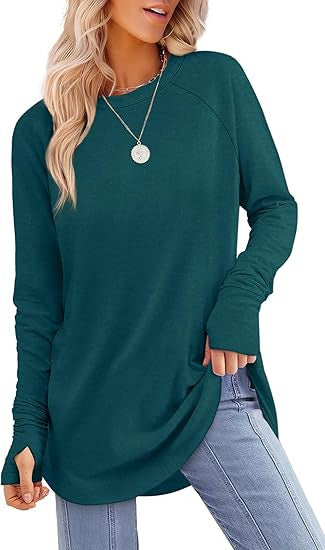 Womens Tunic Tops to Wear withLeggings Long Sleeve Thumb Hole Shirts CrewNeck Curved Hem