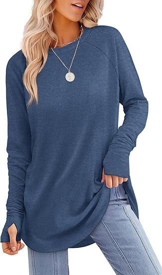 Womens Tunic Tops to Wear withLeggings Long Sleeve Thumb Hole Shirts CrewNeck Curved Hem