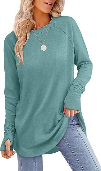 Womens Tunic Tops to Wear withLeggings Long Sleeve Thumb Hole Shirts CrewNeck Curved Hem
