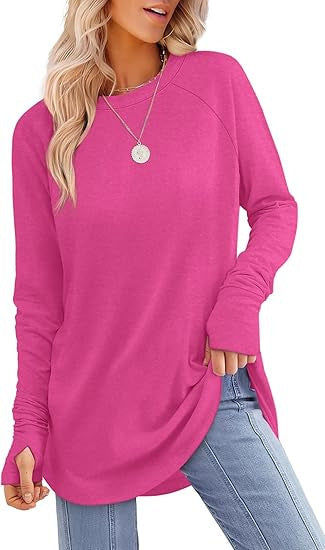 Womens Tunic Tops to Wear withLeggings Long Sleeve Thumb Hole Shirts CrewNeck Curved Hem