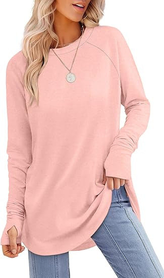 Womens Tunic Tops to Wear withLeggings Long Sleeve Thumb Hole Shirts CrewNeck Curved Hem