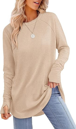 Womens Tunic Tops to Wear withLeggings Long Sleeve Thumb Hole Shirts CrewNeck Curved Hem