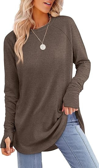 Womens Tunic Tops to Wear withLeggings Long Sleeve Thumb Hole Shirts CrewNeck Curved Hem