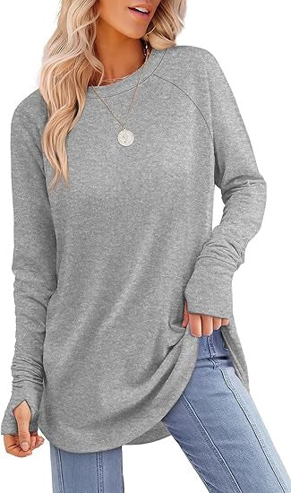 Womens Tunic Tops to Wear withLeggings Long Sleeve Thumb Hole Shirts CrewNeck Curved Hem
