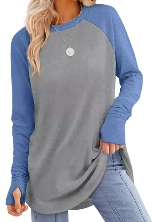 Womens Tunic Tops to Wear withLeggings Long Sleeve Thumb Hole Shirts CrewNeck Curved Hem