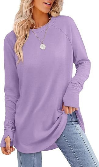 Womens Tunic Tops to Wear withLeggings Long Sleeve Thumb Hole Shirts CrewNeck Curved Hem