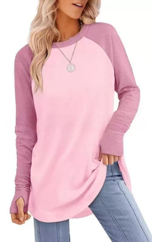 Womens Tunic Tops to Wear withLeggings Long Sleeve Thumb Hole Shirts CrewNeck Curved Hem