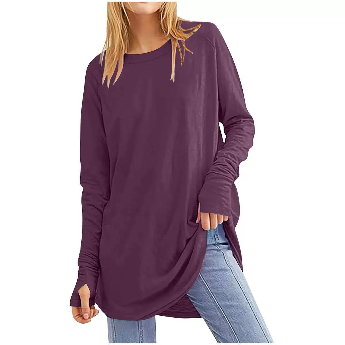 Womens Tunic Tops to Wear withLeggings Long Sleeve Thumb Hole Shirts CrewNeck Curved Hem