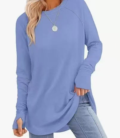Womens Tunic Tops to Wear withLeggings Long Sleeve Thumb Hole Shirts CrewNeck Curved Hem