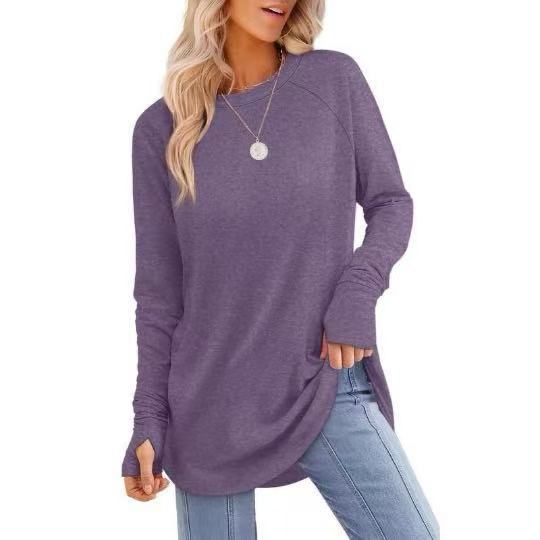 Womens Tunic Tops to Wear withLeggings Long Sleeve Thumb Hole Shirts CrewNeck Curved Hem
